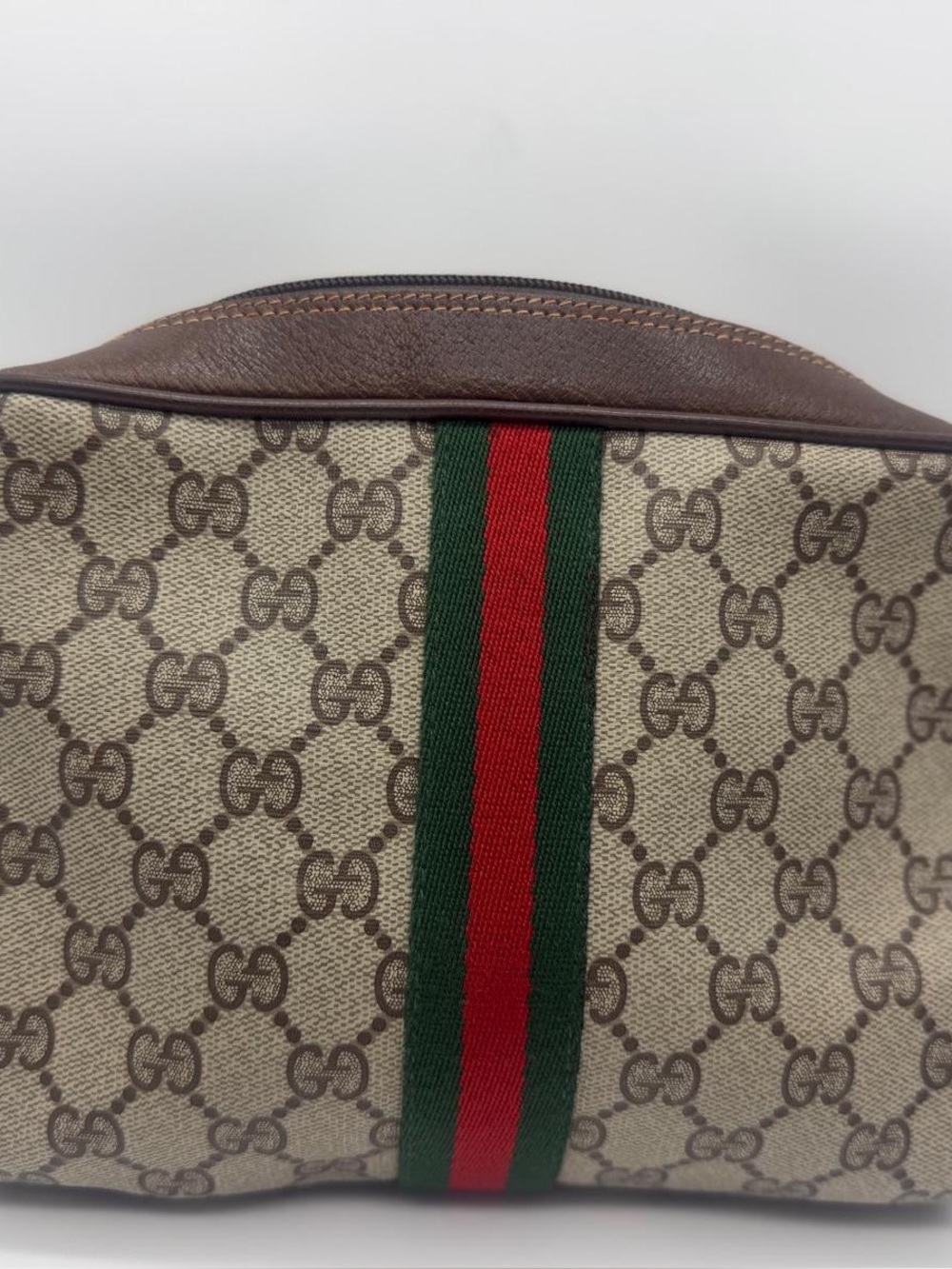 Gucci Beige GG Canvas Toiletry Pouch with Green and Red Stripe